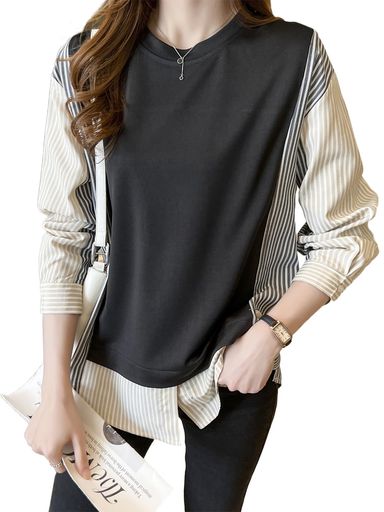 [H.zroy]トップスレディースシャツブラウス長袖Tシャツ丸首ストライプ切り替えプルオーバーフェイクレ..