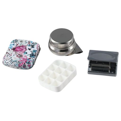 4セットポータブルミニブリキボックス、パープルフラワー12ウェル空水彩パレット、ミニペイントパレットトラベル水彩キット