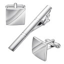 Yoursfsシンプルカフスボタンネクタイピンセットおしゃれメンズシルバービジネスカフスネクタイピン結婚式(シルバー横縞)