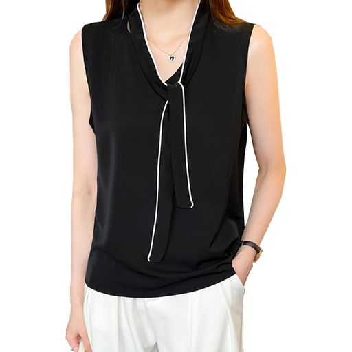[CoeFodMavo]ブラウスレディースノースリーブブラウスVネックシフォンベスト薄手リボン無地tシャツトッ..