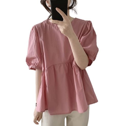[JINJUDUO]ブラウストップス五分袖プリーツふんわりボタンカジュアルレディース(pinkXL)
