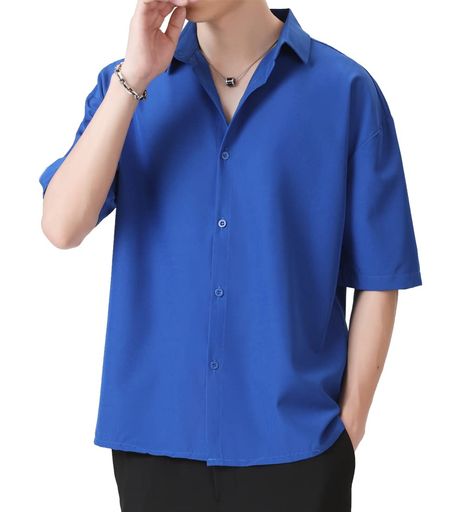 [COMOOS]シャツメンズ半袖吸汗速乾快適な軽いオーバーサイズシャツワイシャツ韓国ポロネック大きいサイズ春夏派手ストリート系ドロップショルダー無地夏半袖ワイシャツ