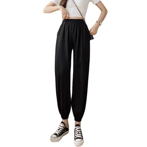 [JINJUDUO]レディースカジュアルパンツランタンパンツコットンパンツ九分丈パンツボトムスハイウエストストレッチポケット夏(BlackM)