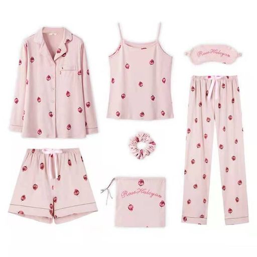 [RoseHalcyon]パジャマレディースルームウェア寝巻きルームワンピース部屋着綿7点セット可愛い長袖パンツズボンキャミソール秋春夏(F12-M)