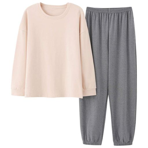 [ZUEVI]ルームウェアレディース上下セットゆったりパジャマ長袖綿無地部屋着春夏秋アプリコット+グレー(ZJP0024AG-M)