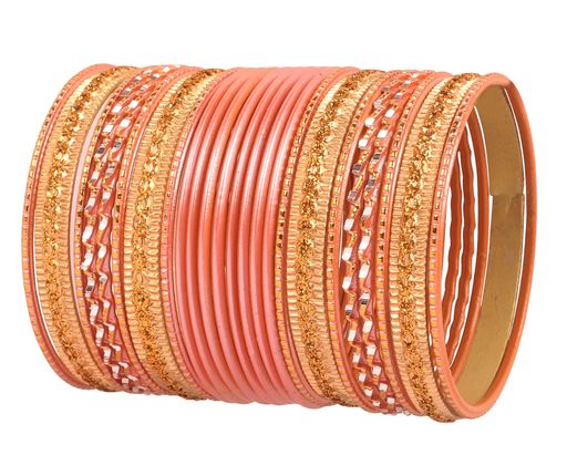 タッチストーン「カラフルな2ダースバングルコレクション」インディアンボリウッドアロイメタルテクスチャードピーチゴールデンカラーデザイナースペシャルサイズジュエリ...