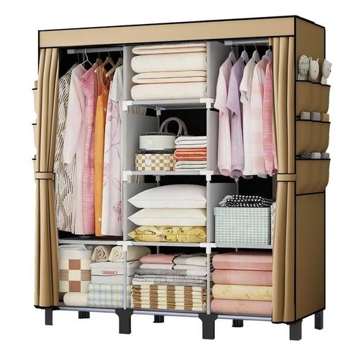 大容量ボ-タプルリ-ドロ-プ、カ-テン付き収納クロ-ゼット、サイドボケット付き、3段シエルフ、衣類·寝具整理用、簡易クロ-ゼット、は幅130cm、奥行き45cm、高さ172cm(CreamColor)