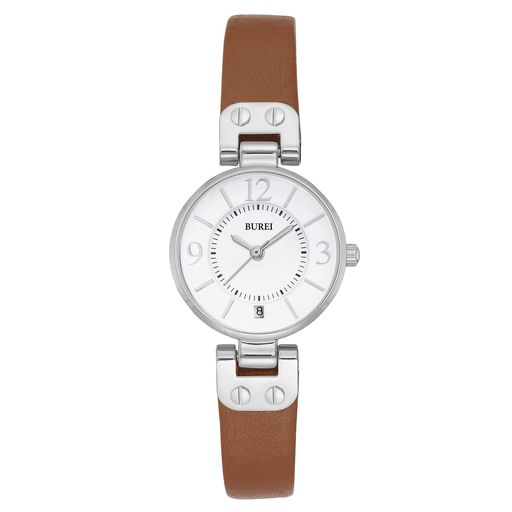 BUREI腕時計レディースアナログクオーツおしゃれ防水日付シルバー見やすい文字盤ブラウン革ベルトシンプルかわいい女性時計軽いビジネスカジュアル通勤通学記念日受験誕生日お祝いプ…