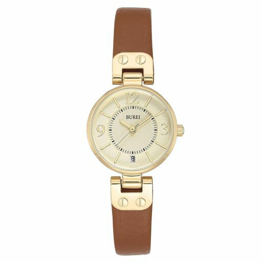 BUREI腕時計レディースアナログクオーツ日本製電池防水ゴールド文字盤軽量薄型かわいいファッションシンプル女性うで時計ブラウンレザーベルト通勤ビジネスカジュアルプレゼント(ゴー…