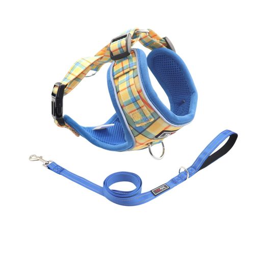 THAIN犬ハーネスリードセット肌に優しい胴輪チェック柄反射材付きメッシュ調整可能大型犬用(Lイェッロ..