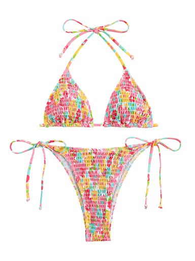 [Kayiyasu]ビキニレディース水着2点セット花柄三角可愛いセクシー紐プールおしゃれ女性用人気パット付き(Mビキニローズ花柄)