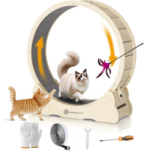 MIWOOYYキャットホイール大型猫回し車110cm-屋内猫用の天然無垢材の猫ルームランナー、ロックと最小限の隙間設計を備えた安全猫ランニングマシン