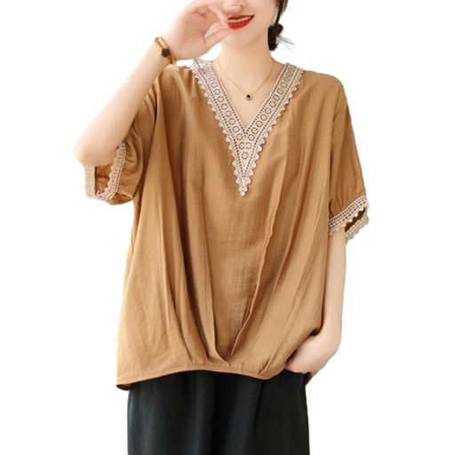 [OGCPWYQZ]半袖tシャツレディースVネックブラウストップスレース切り替えカットソー薄手ティーシャツプルオーバーインナーゆったり大きいサイズ体型カバーおしゃれ着痩せカジュアル通勤…