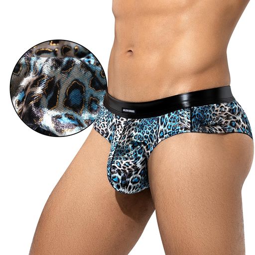 [ArjenKroos]ブリーフメンズセクシーヒョウ柄絨毛光沢金プリントおしゃれ前閉じ男性用AK4015-ブルー-1枚S