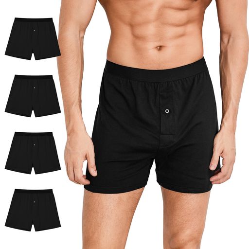 [INNERSY]トランクスメンズ下着パンツニットトランクス綿前開きボタン付き無地大きいサイズ4枚セットS-3XL(XL4ブラック)