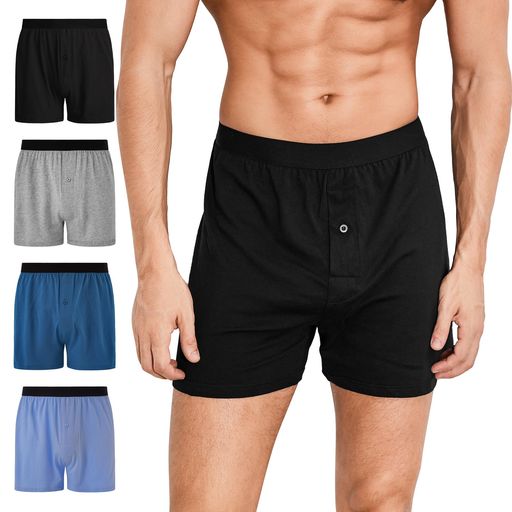[INNERSY]トランクスメンズ下着パンツニットトランクス綿前開きボタン付き無地大きいサイズ4枚セットS-3XL(Mブラック+グレー+ブルー系)