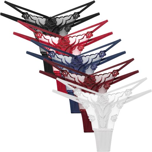 [HINICE]Tバックレース刺繍付き紐ヒモショーツパンティ勝負下着インナー透け感セクシーショーツランジェリーレディースローライズ5枚セット(XL)