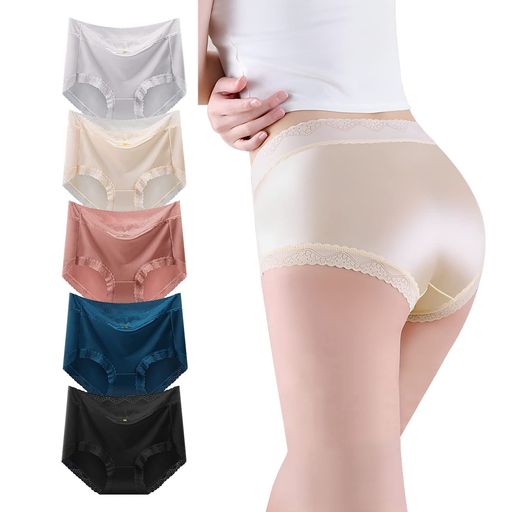 [Trnvco]ショーツレディースアイスシルク光沢ハイウエストサテン下着シームレス冷感5枚組パンツ美尻すっぽりレギュラーパンティーツヤツヤつるつるゴーシャス無地(Lミッドウェスト5枚セ…