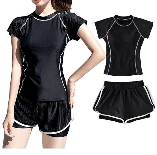 [InSomila]レディース水着スクール水着セパレートタンキニ上下セット体型カバー女の子フィットネス水着ラッシュガード半袖高校生中学生ビキニ10代20代サーフィン女子(M)