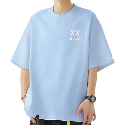 [uptoyou]Tシャツメンズ半袖ビッグシルエット大きいサイズ透けない綿100柔らかい肌触り秋用吸汗速乾プリントクルーネックトップスストリート系男女兼用ギフト秋冬重ね着(MブルーB)