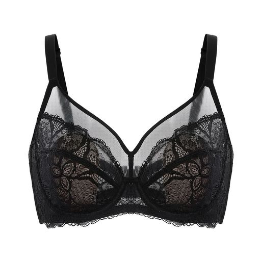 [DOBREVA]ブラジャー大きいサイズレースシースルー花柄ワイヤー入りパッド付小さく見せるブラックD80