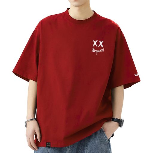 [uptoyou]Tシャツメンズ半袖ビッグシルエット大きいサイズ透けない綿100柔らかい肌触り秋用吸汗速乾プリントクルーネックトップスストリート系男女兼用ギフト秋冬重ね着(MレッドB)