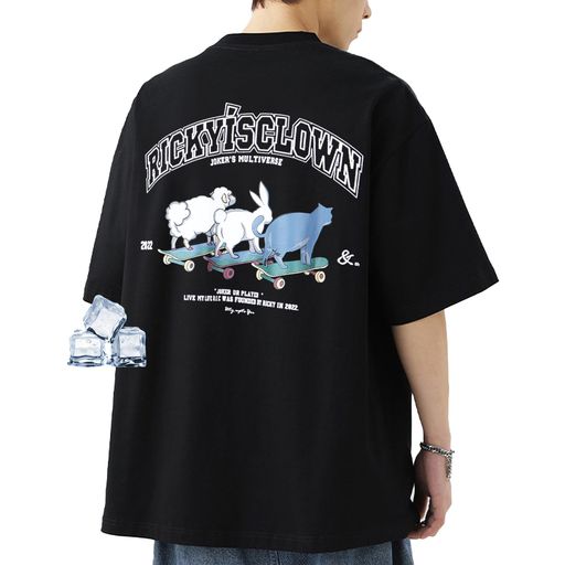 [uptoyou]Tシャツメンズ半袖猫柄ワンポイント透けない綿柔らかい肌触り秋用吸汗速乾ビッグシルエット大きいサイズかわいいプリントクルーネックトップスストリート系男女兼用秋冬重ね…