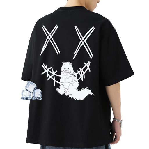 [uptoyou]Tシャツメンズ半袖猫柄ワンポイント透けない綿柔らかい肌触り秋用吸汗速乾ビッグシルエット大きいサイズかわいいプリントクルーネックトップスストリート系男女兼用秋冬重ね…