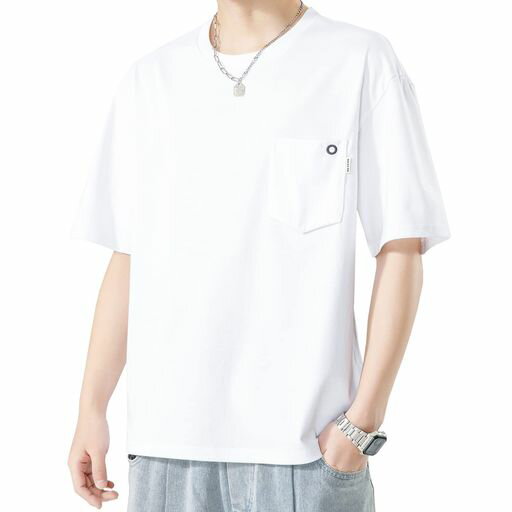 [DIKAO]ポケット付きTシャツポケT夏服半袖tシャツメンズクルーネック無地シンプルスポーツ吸汗速乾ゆったりカジュアルシルエットおしゃれ(Lホワイト)