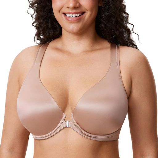 [DELIMIRA]フロントホックブラジャーレディース大きいサイズサテン質感ワイヤー入りパッドなしTシャツ..