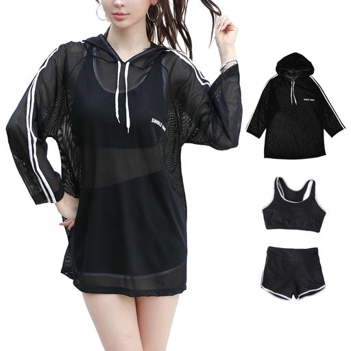 [SINGLEMANY]水着体型カバーレディースメッシュビキニ3点セット可愛いスポーツブラお腹が隠れる女性S着痩せタンキニ長袖ブラックおしゃれ