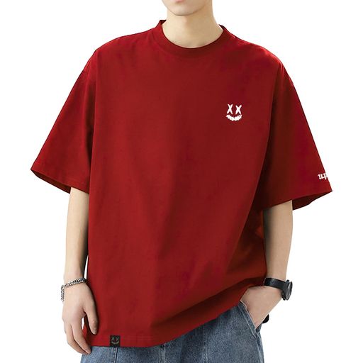 [uptoyou]Tシャツメンズ半袖ビッグシルエット大きいサイズ透けない綿100柔らかい肌触り秋用吸汗速乾プリントクルーネックトップスストリート系男女兼用ギフト秋冬重ね着(S柄4:レッド)