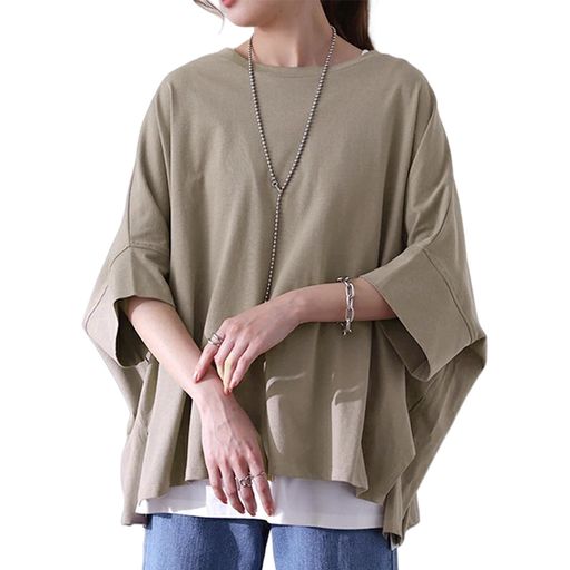 [Vmiutyer LLOP] 五分袖 ゆったり tシャツ レディース サイドスリット ドルマンスリーブ 体型カバー 夏 クルーネック 無地 柔らかい 大きいサイズ トップス カジュアル 夏服
