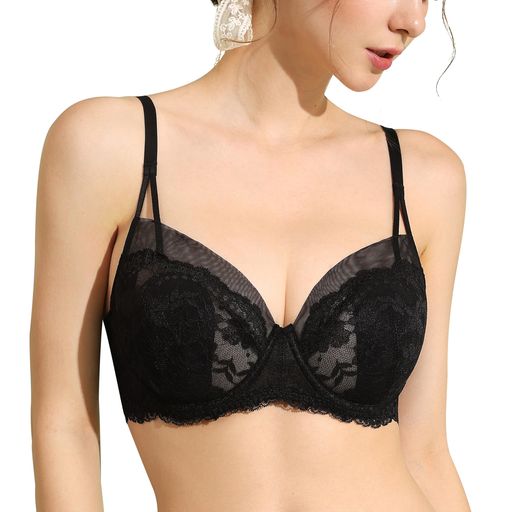 [DOBREVA]ブラジャー大きいサイズレースシースルーレースブラ花柄レースワイヤー入りパッド付大きいサ..