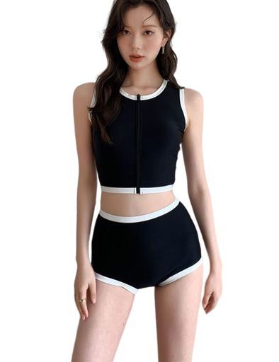 [AILITI]水着レディースビキニ上下セットハイウエストショートパンツ体型カバー前ファスナーパッド付き水着温泉(XLブラック)