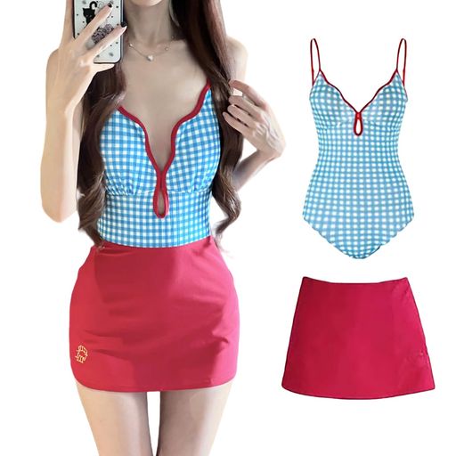 [Narebuy]水着レディースビキニチューブトップスカートスリングドレスワンピースラティスセクシースリムビーチフィットネスワンピース水着競泳体型カバーかわいい泳ぐ休みビーチ旅行快…