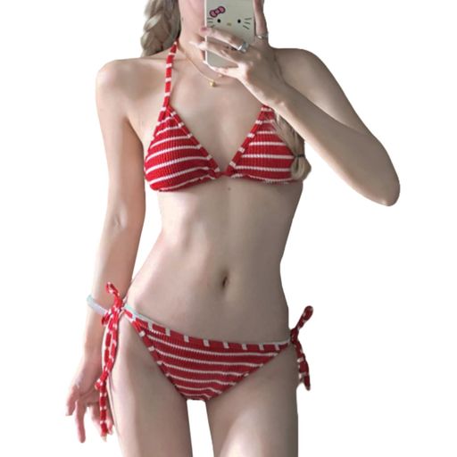 [Guo.KK7]水着レディースビキニ2点セットサスペンダーホルター三角ビキニストライプパット付きファッション上下セットリボン速乾性弾性かわいい泳ぐ休みビーチセクシー水陸両用旅行快…