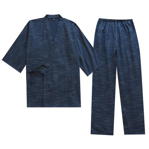 [ComfortU]作務衣メンズ浴衣甚平7分袖寝間着綿100%二重ガーゼメンズのパジャマセット紳士甚平縞模様通気性吸汗和柄和服春夏用ルームウェアポケット付き父の日贈り物(Mブルー)