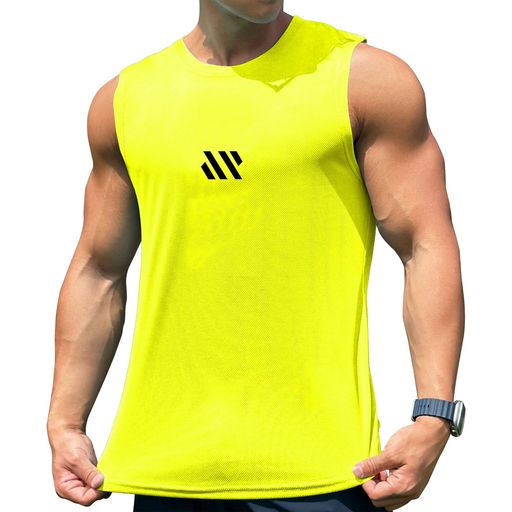 [iEndyCn]メンズタンクトップトレーニングノースリーブフィットネスTシャツ筋トレスポーツインナー袖なしスポーツウェアボディビルマッスルフィット吸汗速乾13色(イエロー2XL)