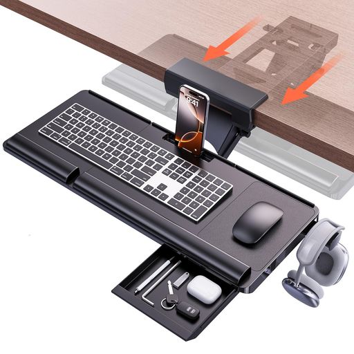 Klearlookスライド式キーボードトレイ机拡張クランプ&ネジ固定式[角度/高さ調整]ヘッドホンフック&引き..