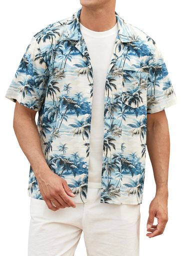 [HISDERN]アロハシャツ半袖通気速乾快適ビーチシャツ夏サマーメンズ花柄和柄カジュアルおしゃれブルー..
