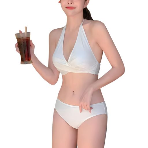 [Kayiyasu]水着レディースビキニ体型カバーセクシーホルターネック上下2点セットビキニセット盛れる水着かわいい美しさ着痩せ女性用水着ビーチサウナ水泳無地旅行温泉(Lホワイト)