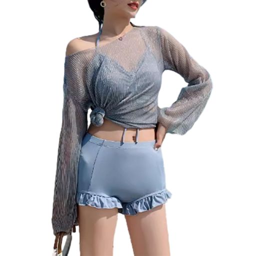 [ORWZDCO]水着レディース体型カバービキニ胸パッド付き長袖透かしトップス日焼け対策透け感ハイウエストショートパンツ8点セット大人セクシーおしゃれ着痩せ温泉水着ビーチウエアリゾ…