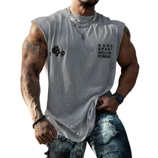 [UUEN]タンクトップメンズ100%コットン夏肉厚生地ヘビーウェイトトレーニングウェアノースリーブ筋トレジム吸汗TシャツインナーロングTシャツカットソーグレー3XL