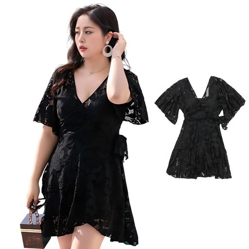 [PORIN]水着レディース体型カバーワンピースレース透け感深めVネックハイウエストお腹が隠れる着痩せ効..