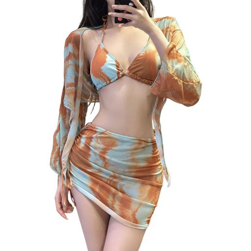 [Tiernyueth]水着レディースレースビキニ4ピーススカート付き長袖無地ホルターネックスカート付きスリングタイダイブルー体型着痩せ肌触り良い美しさかわいい泳ぐ休み快適ビーチ旅行温…