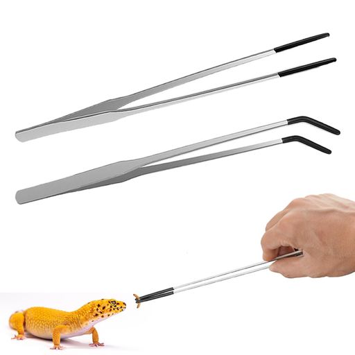 LKCCTK爬虫類用餌やりピンセット2個セットステンレス製ロング(27cm)ストレート&カーブタイプゴムチップ..