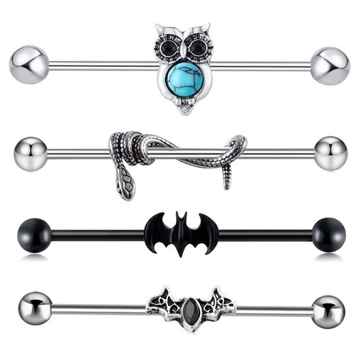 Vogemピアスインダストリアル4個セット14gボディピアスシルバーステンレスヘビフクロウバットストレートバーベル軟骨シンプルおしゃれメンズレディース