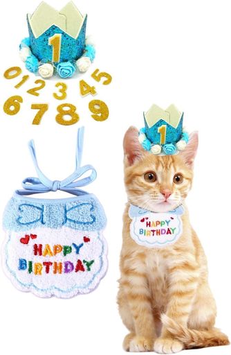 YFFSFDC犬猫誕生日帽子happybirthdayバンダナよだれかけ数字付き誕生日帽子2点セット(ブルー)
