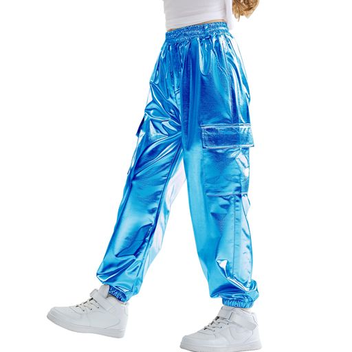 [Rolanko]ダンスパンツキッズダンス衣装ズボンレザーパンツ女の子ロングパンツカーゴパンツキラキラおしゃれ青色140